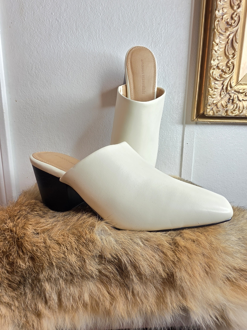 Amazon Essentials Cream Pointed Slip-On Mules with Black Block Heel